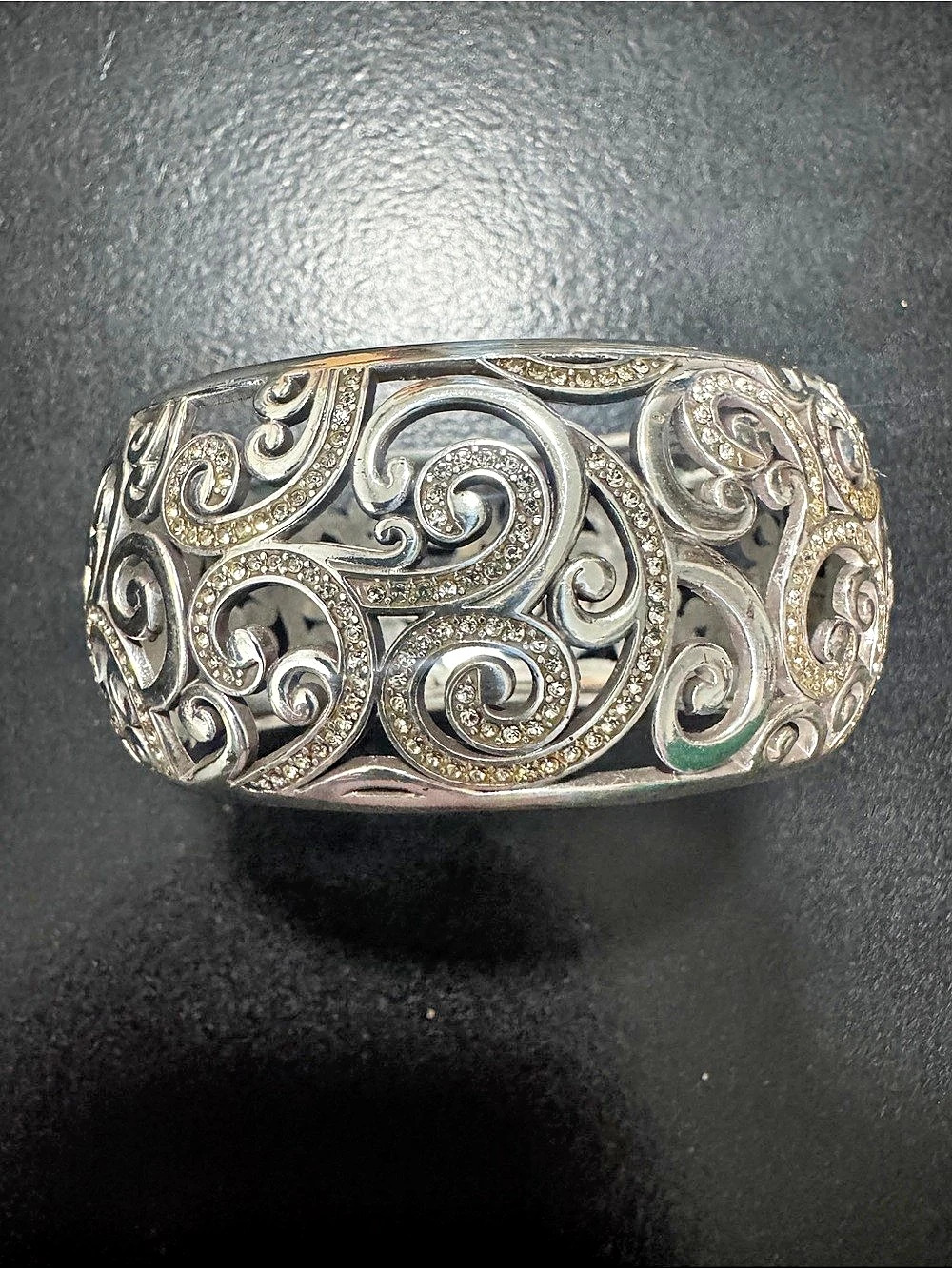 Brighton Silver Scroll Crystal Wide Cuff Bangle Bracelet